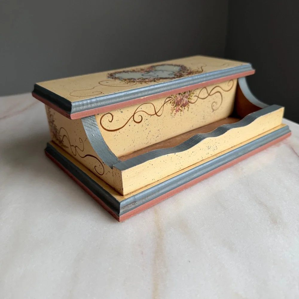 Vintage C Hawkins 1989 Hand Painted Wooden Desk Organizer Stationery Box Floral